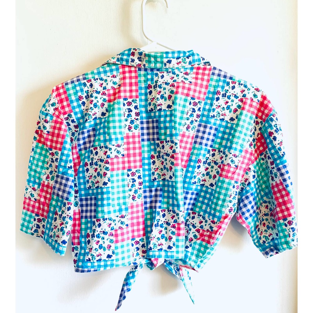 L Vtg Patchwork Gingham Crop Top Button Down Tie … - image 3